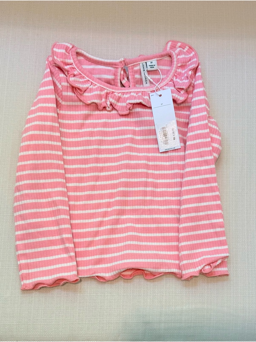 Janie and Jack Pink & White Striped Ruffle-Trim Long Sleeve Tee